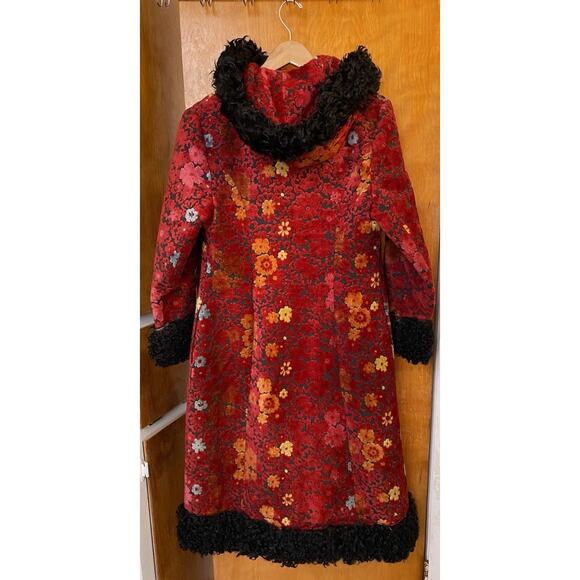 Vintage 60s 1960s HOODED Penny Lane Carpet Coat Red Tapestry Mongolian Fur Sz M - Picture 5 of 16